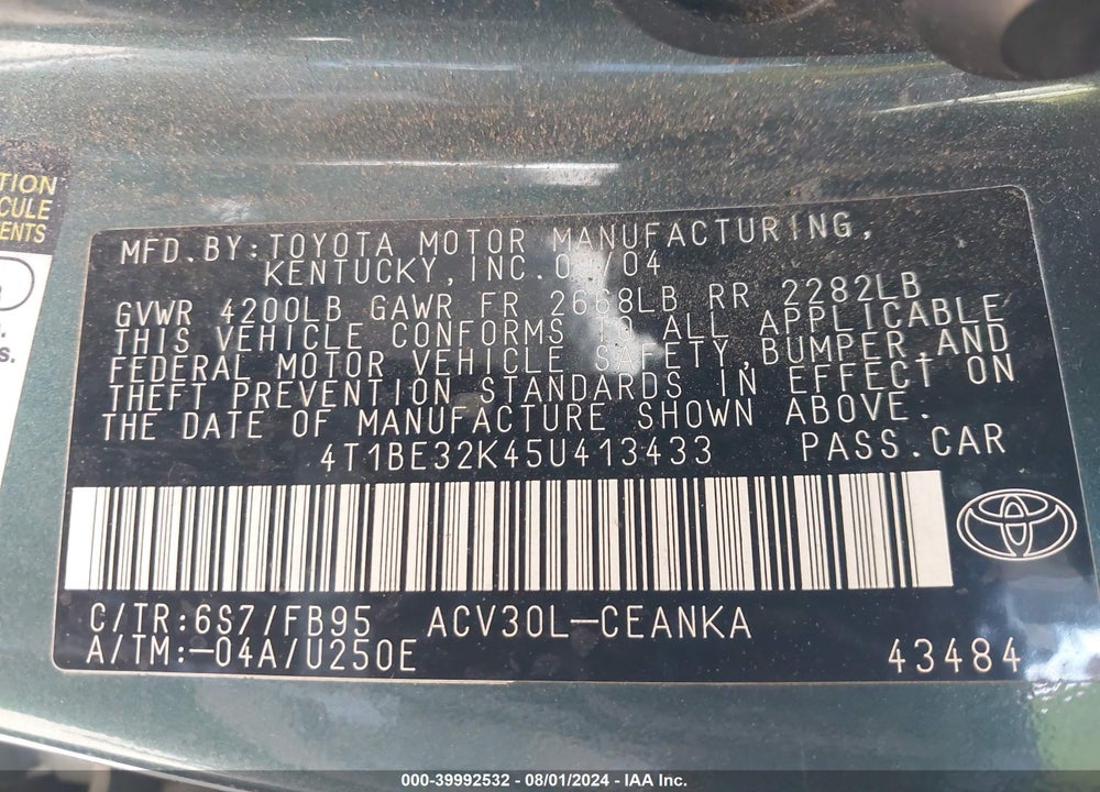 2005 TOYOTA CAMRY LE VIN: 4T1BE32K45U413433
