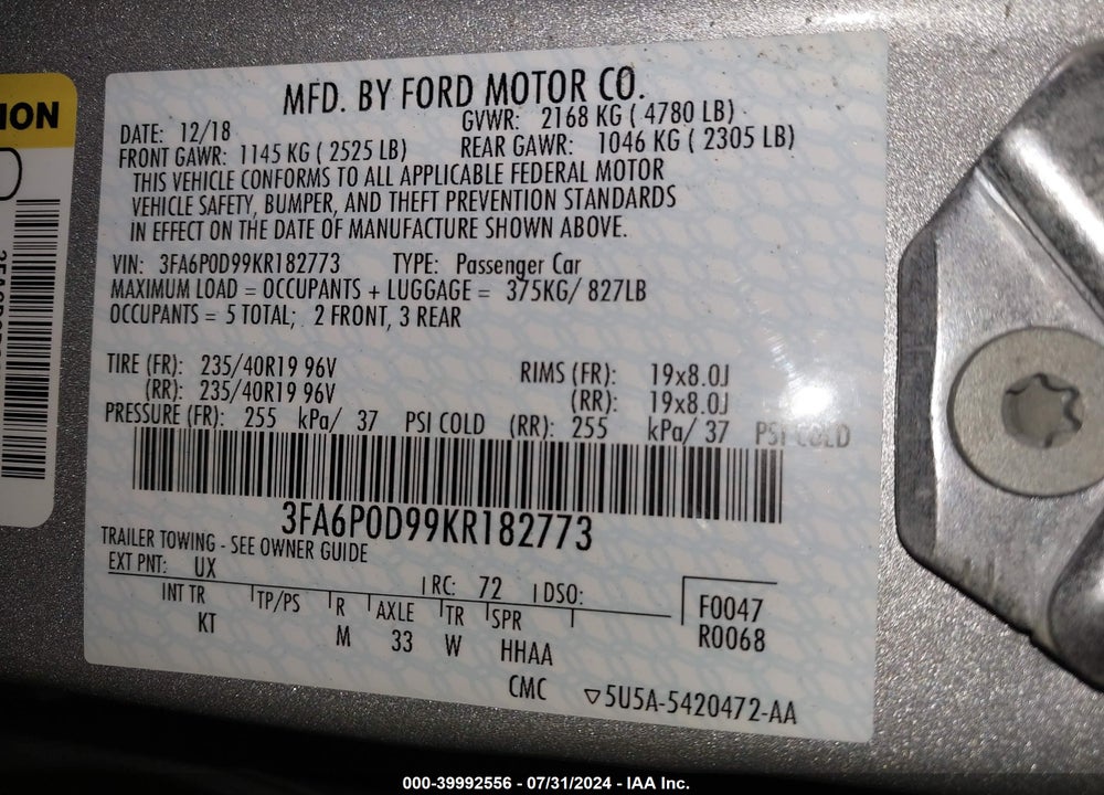 2019 FORD FUSION TITANIUM VIN: 3FA6P0D99KR182773