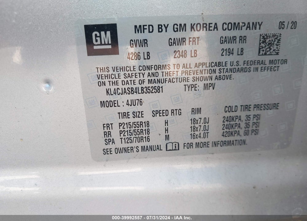 2020 BUICK ENCORE FWD PREFERRED VIN: KL4CJASB4LB352581