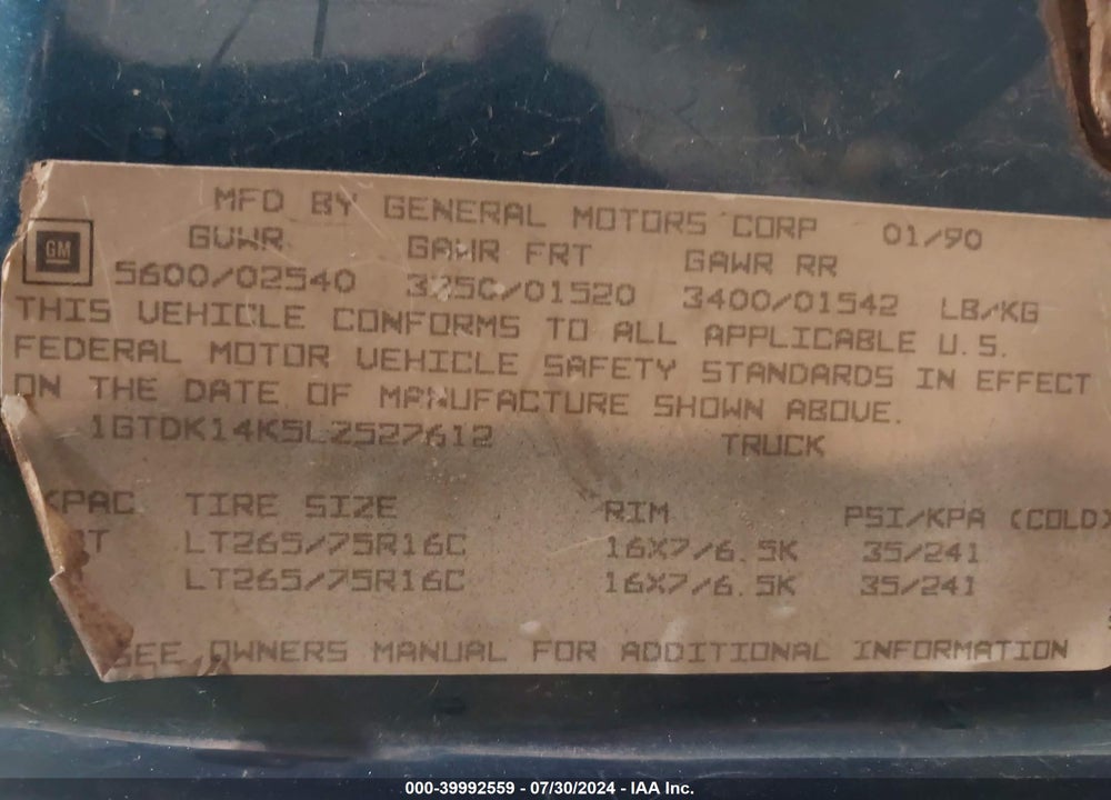 1990 GMC SIERRA K1500 VIN: 1GTDK14K5LZ527612