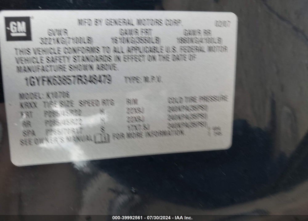 2007 CADILLAC ESCALADE VIN: 1GYFK63857R348479