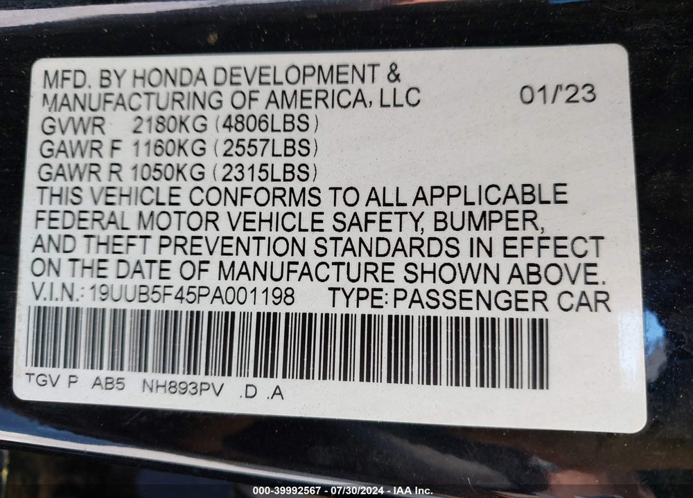 2023 ACURA TLX VIN: 19UUB5F45PA001198