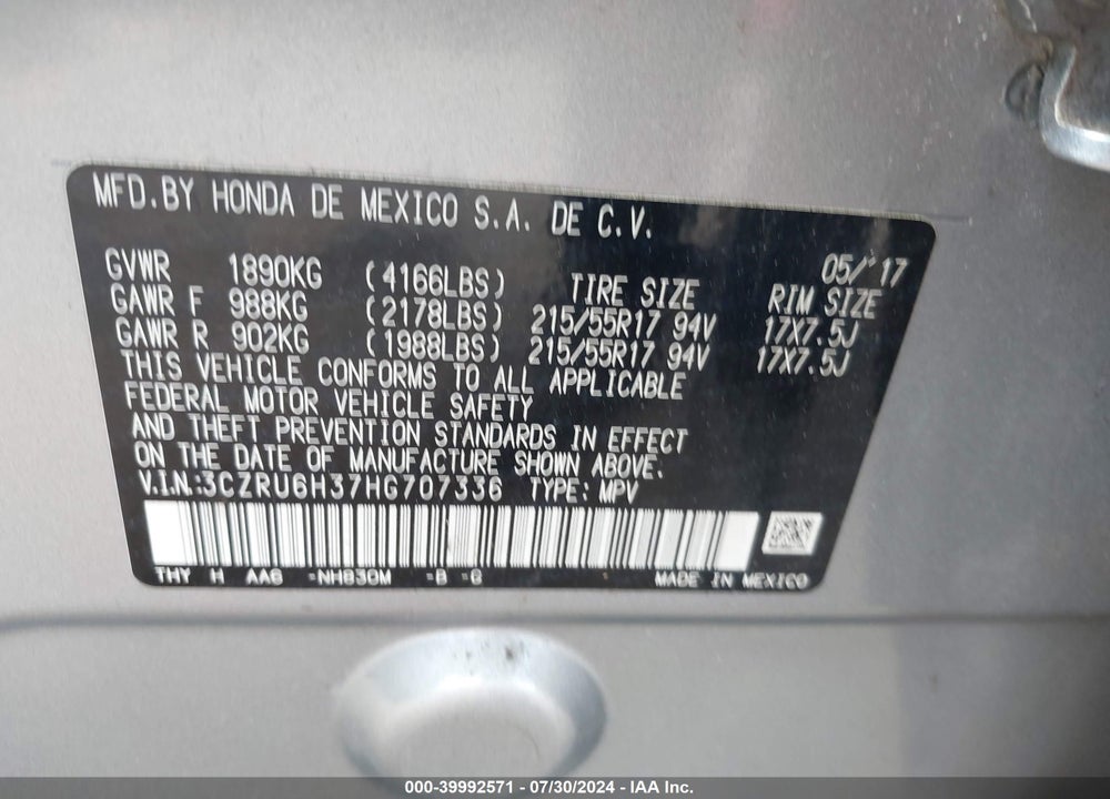 2017 HONDA HR-V LX VIN: 3CZRU6H37HG707336