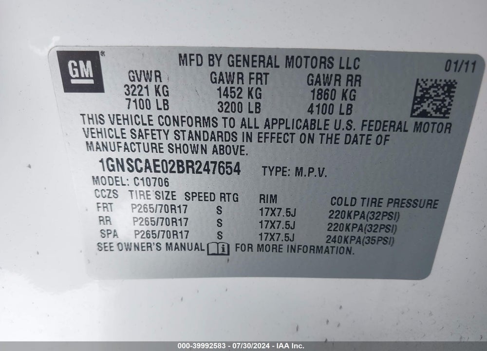 2011 CHEVROLET TAHOE LS VIN: 1GNSCAE02BR247654