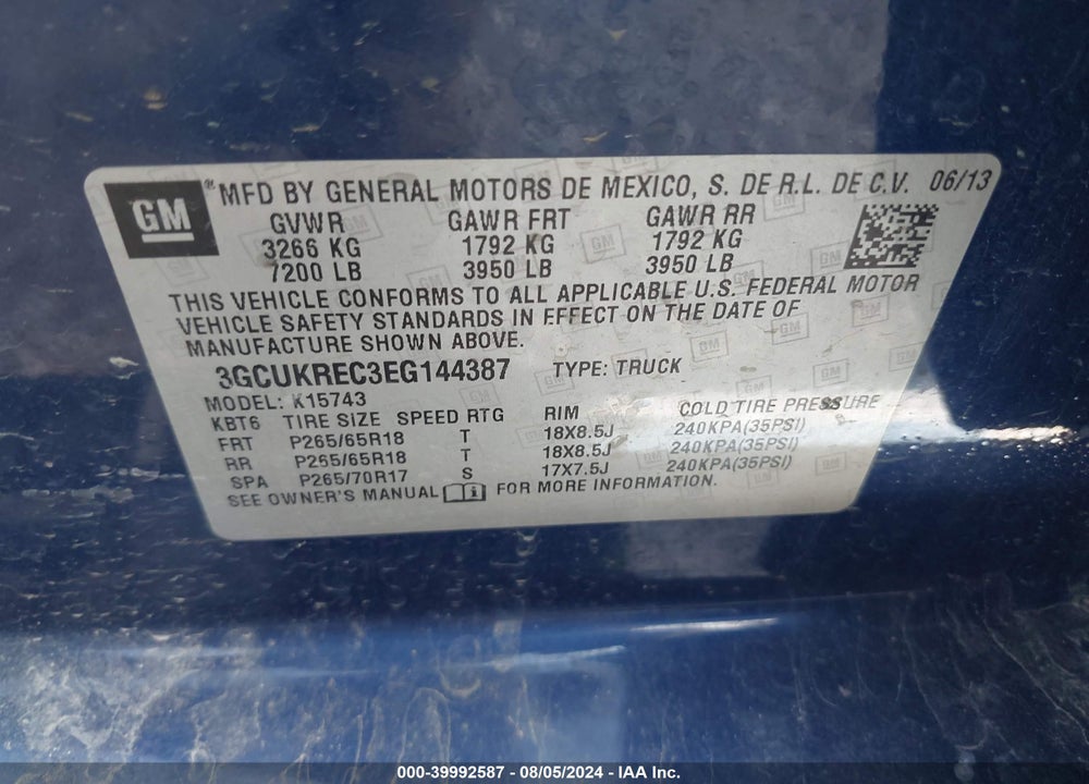 2014 CHEVROLET SILVERADO 1500 2LT VIN: 3GCUKREC3EG144387