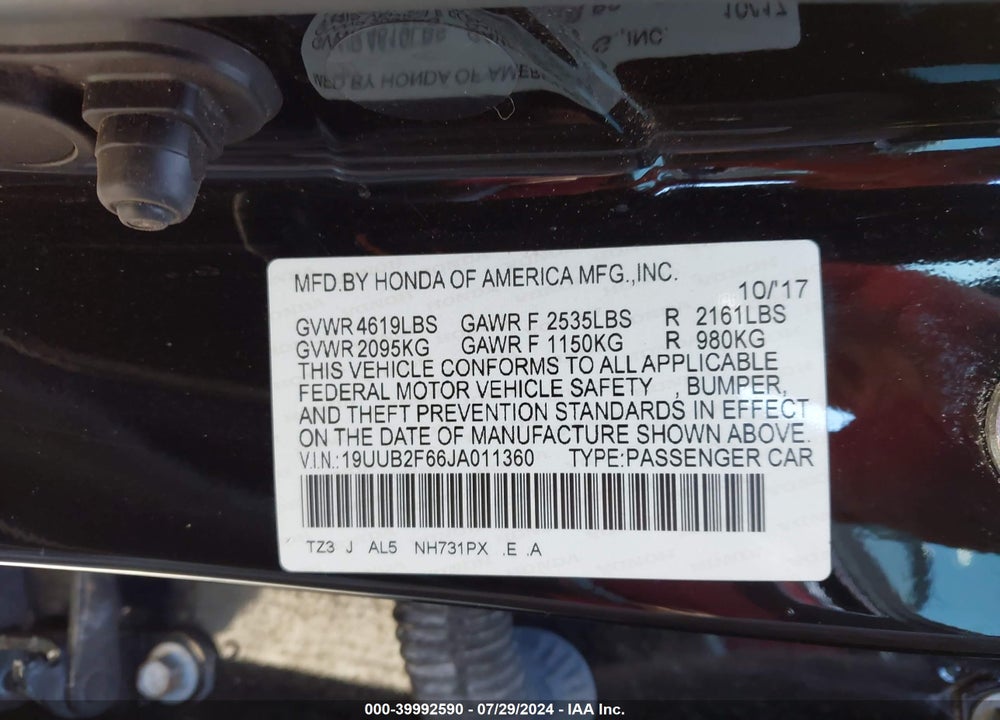 2018 ACURA TLX VIN: 19UUB2F66JA011360