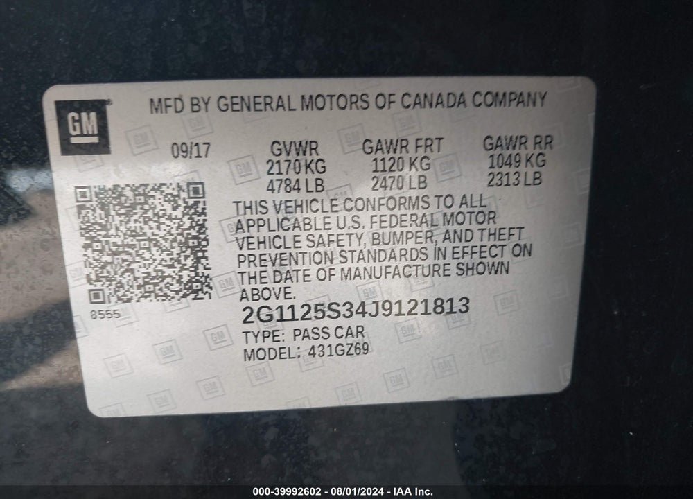 2018 CHEVROLET IMPALA 2LZ VIN: 2G1125S34J9121813