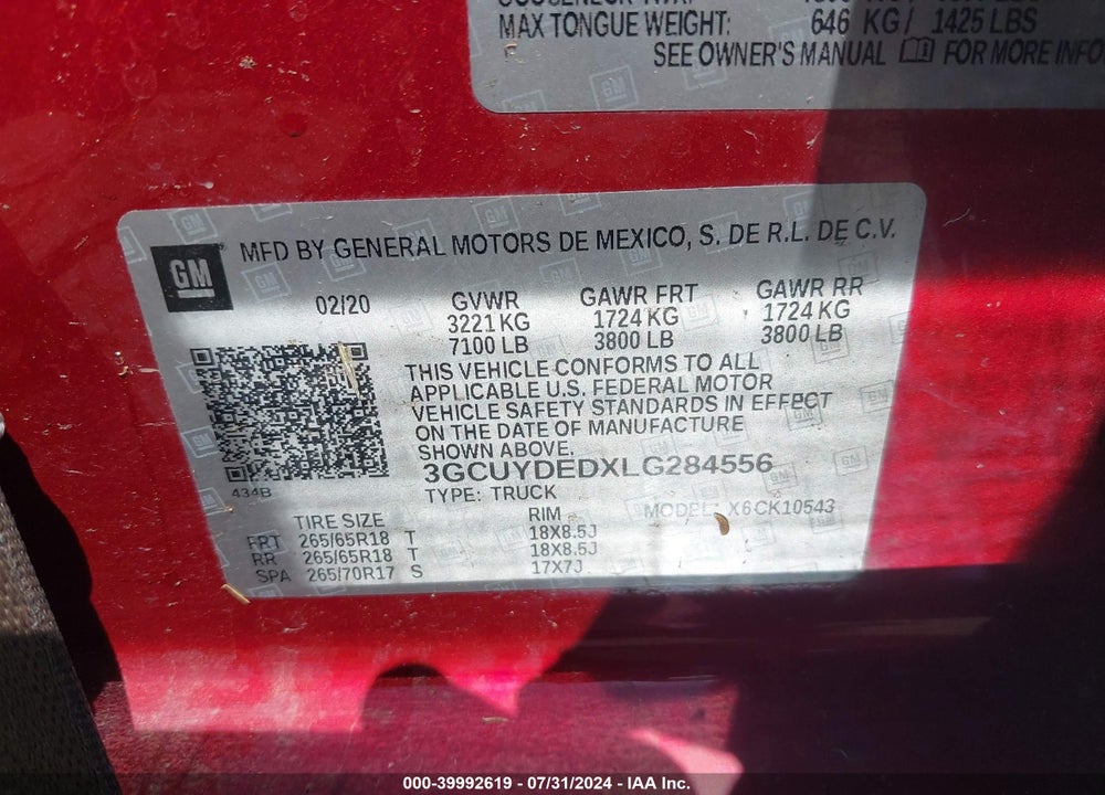 2020 CHEVROLET SILVERADO 1500 VIN: 3GCUYDEDXLG284556