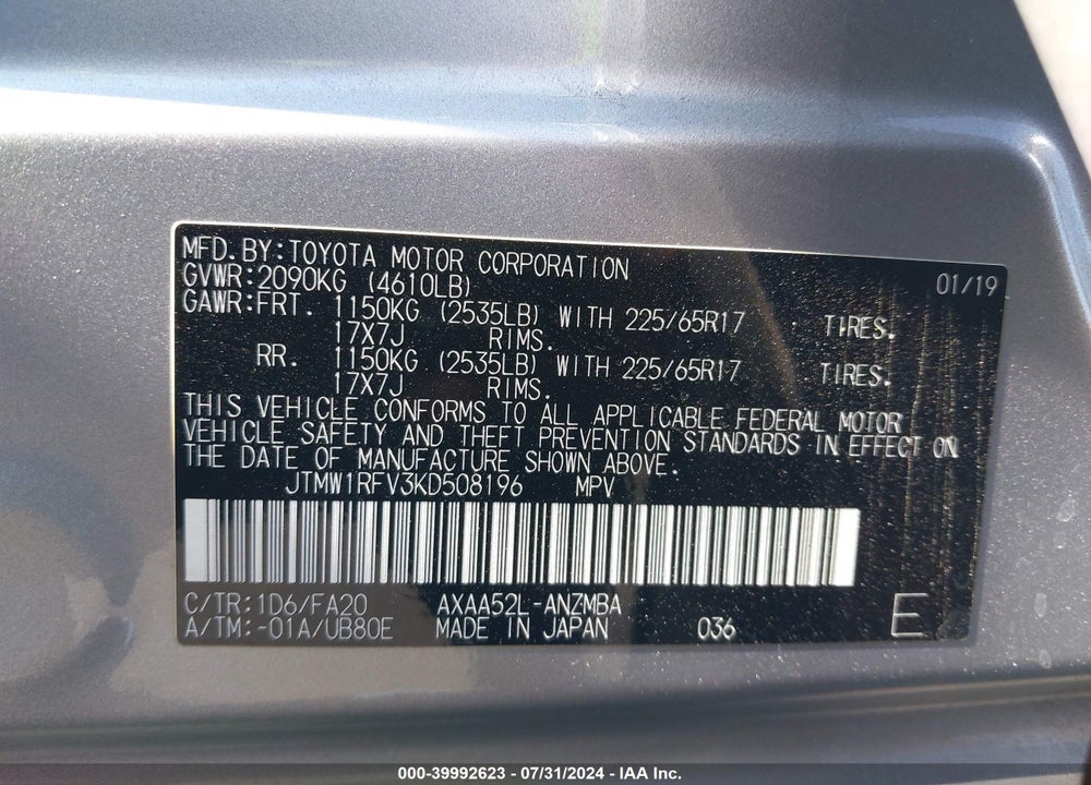 2019 TOYOTA RAV4 XLE VIN: JTMW1RFV3KD508196