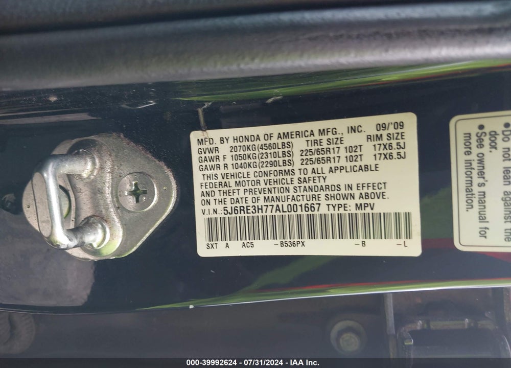2010 HONDA CR-V EX-L VIN: 5J6RE3H77AL001667