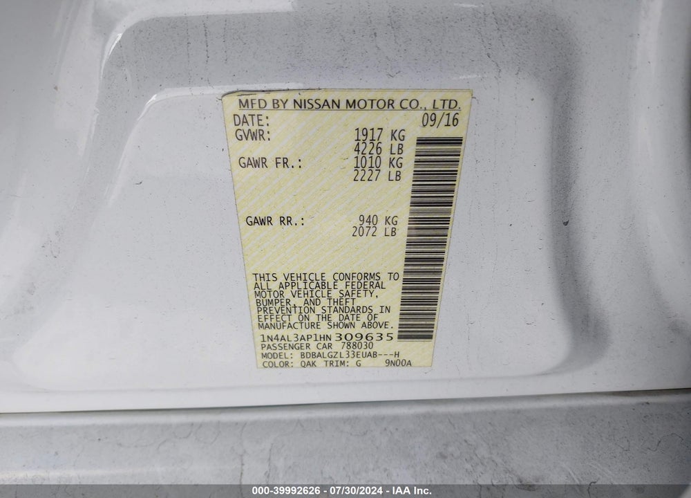 2017 NISSAN ALTIMA 2.5 S VIN: 1N4AL3AP1HN309635