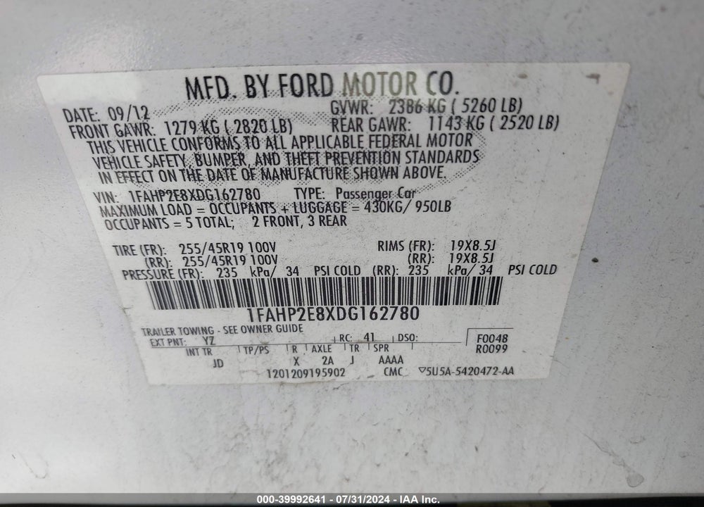 2013 FORD TAURUS SEL VIN: 1FAHP2E8XDG162780