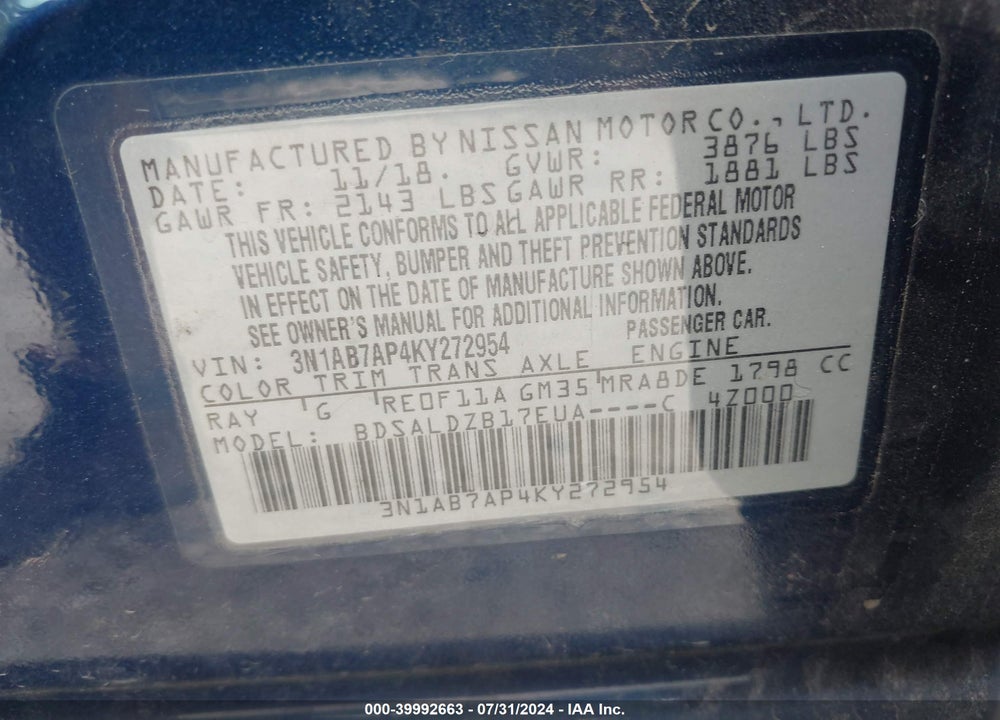 2019 NISSAN SENTRA SV VIN: 3N1AB7AP4KY272954