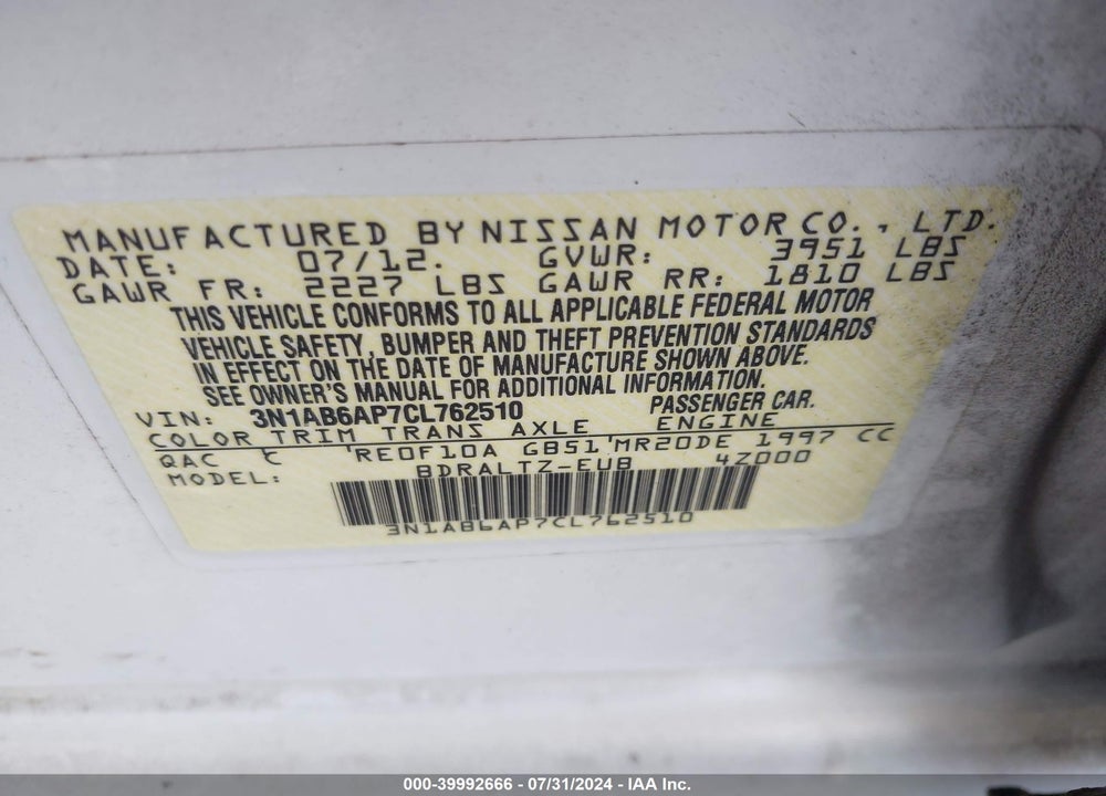 2012 NISSAN SENTRA 2.0 S VIN: 3N1AB6AP7CL762510
