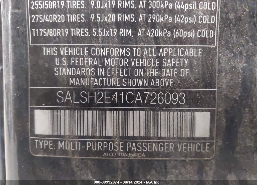 2012 LAND ROVER RANGE ROVER SPORT SUPERCHARGED VIN: SALSH2E41CA726093