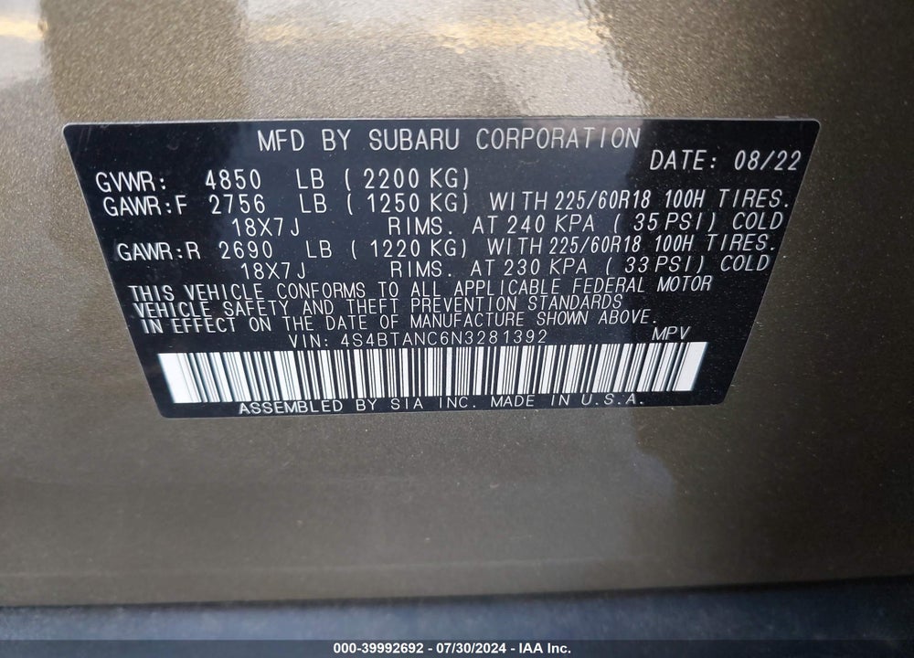 2022 SUBARU OUTBACK LIMITED VIN: 4S4BTANC6N3281392