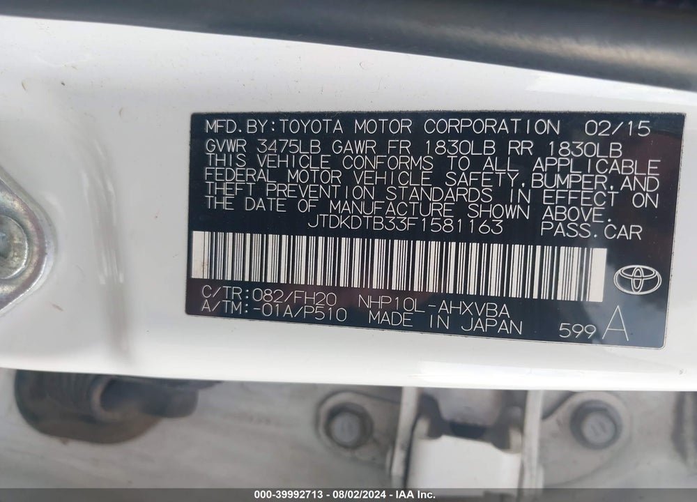 2015 TOYOTA PRIUS C FOUR/ONE/THREE/TWO VIN: JTDKDTB33F1581163