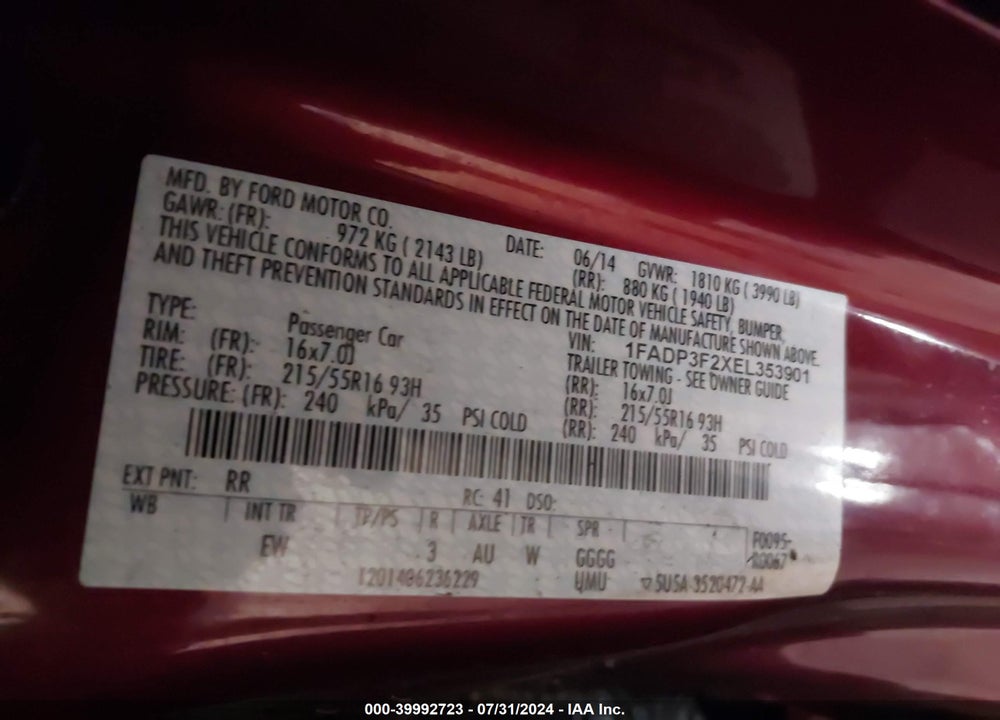 2014 FORD FOCUS SE VIN: 1FADP3F2XEL353901