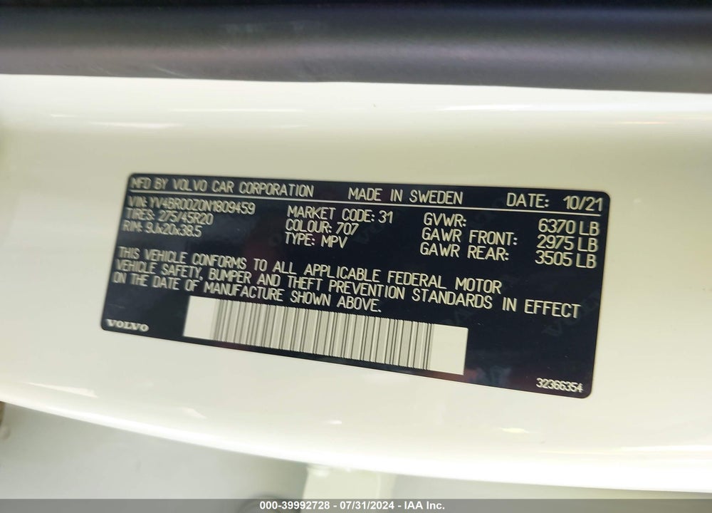 2022 VOLVO XC90 RECHARGE PLUG-IN HYBRID T8 INSCRIPTION EXPRESSION 6 PASSENGER VIN: YV4BR00Z0N1809459