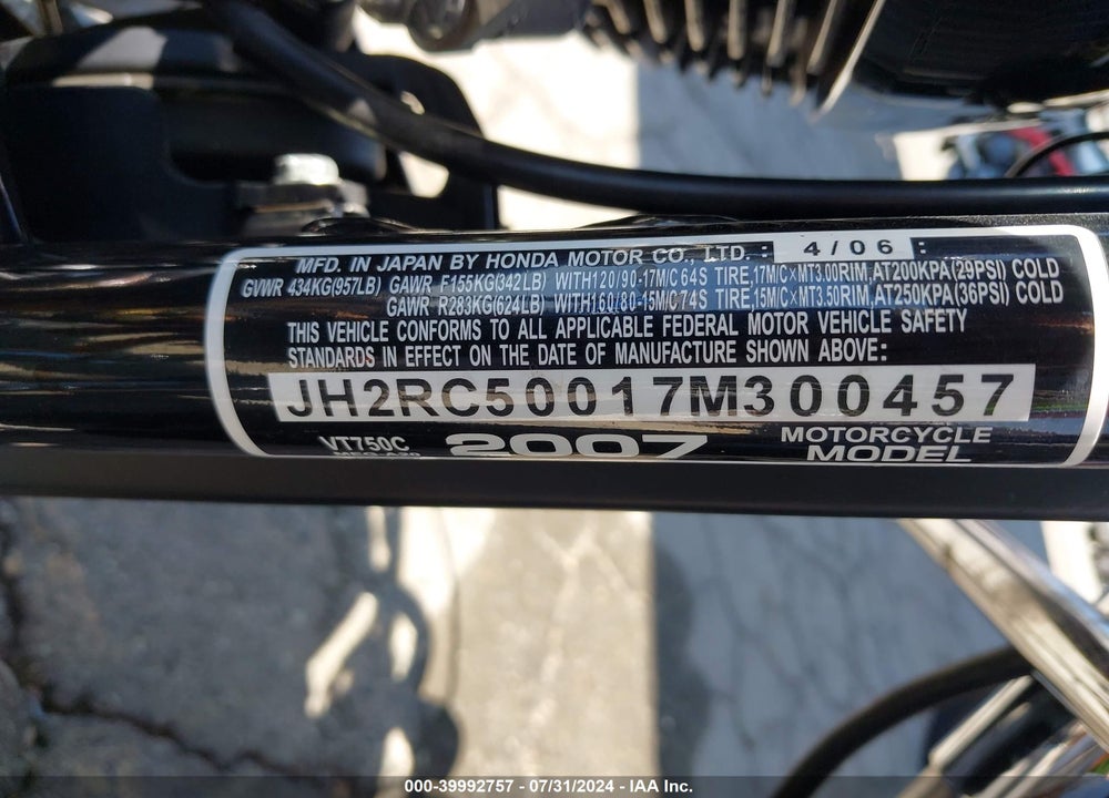 2007 HONDA VT750 VIN: JH2RC50017M300457