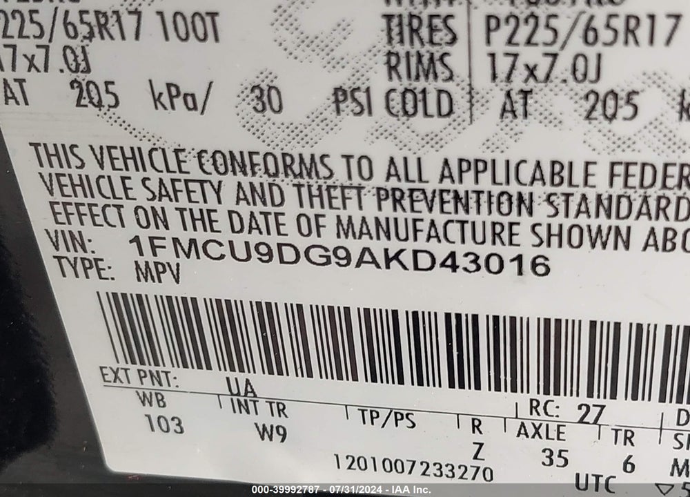 2010 FORD ESCAPE XLT VIN: 1FMCU9DG9AKD43016