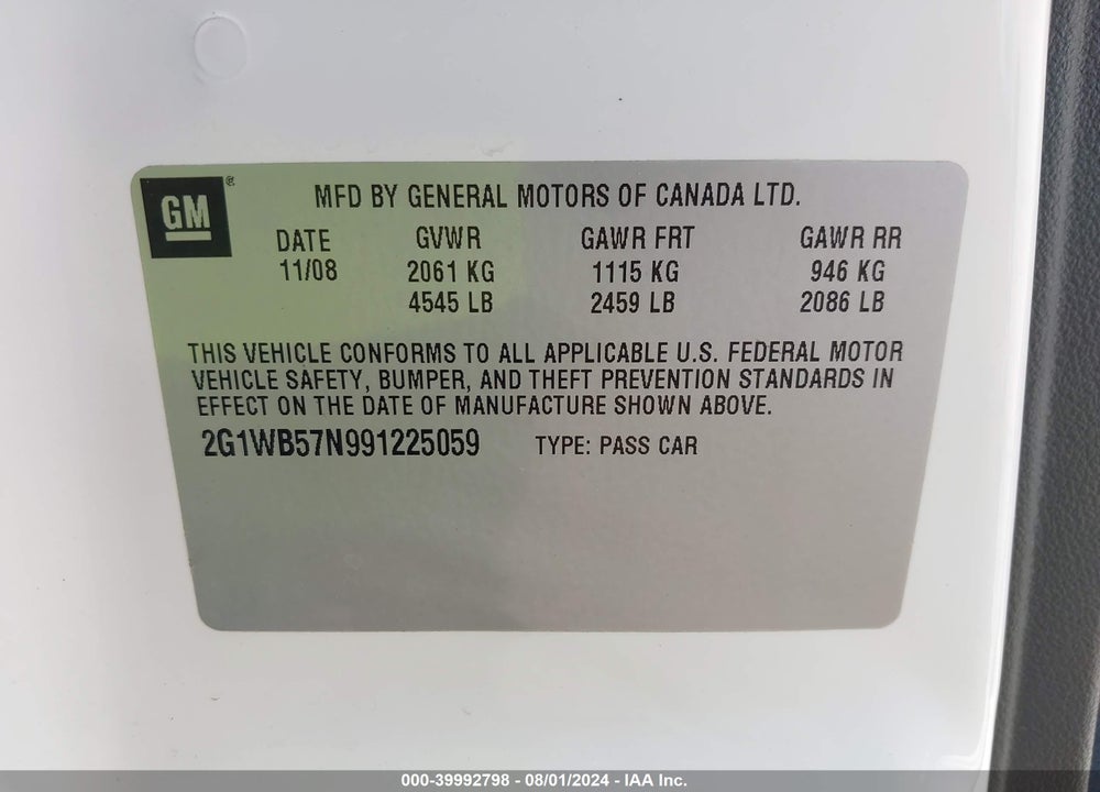 2009 CHEVROLET IMPALA LS VIN: 2G1WB57N991225059
