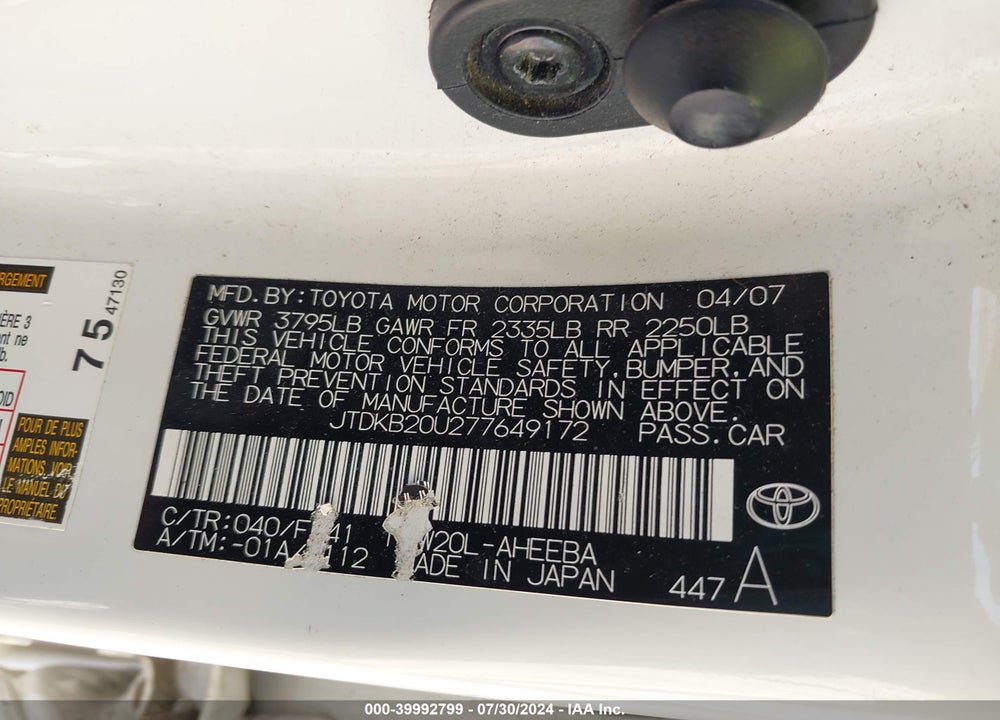 2007 TOYOTA PRIUS VIN: JTDKB20U277649172