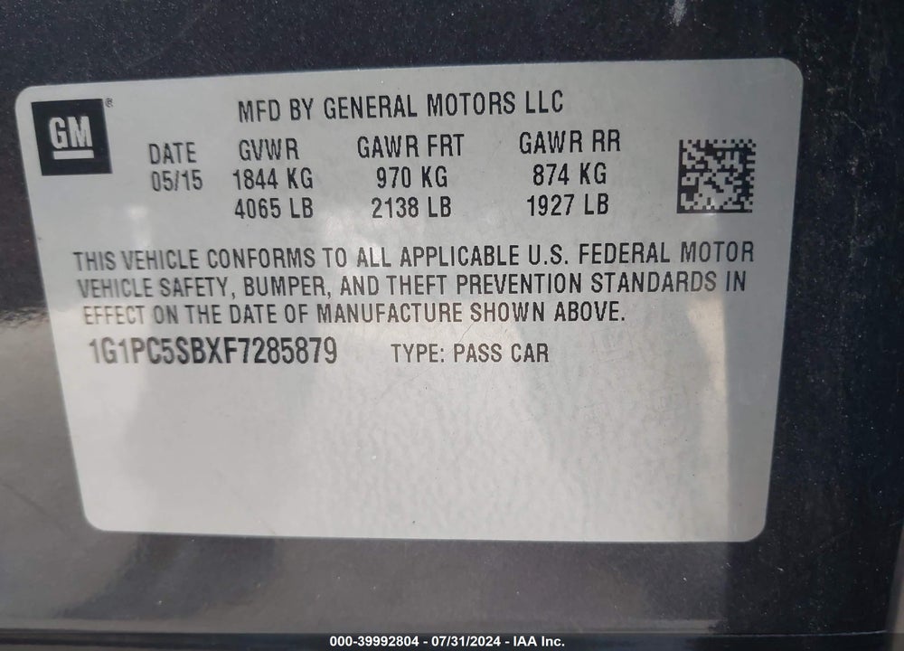 2015 CHEVROLET CRUZE 1LT AUTO VIN: 1G1PC5SBXF7285879