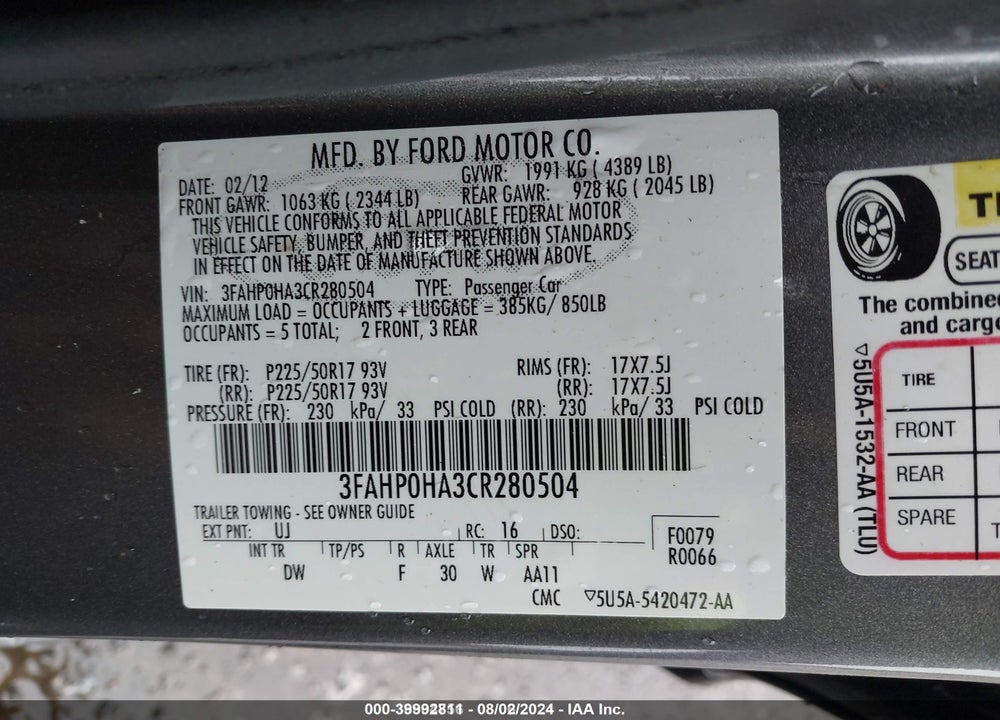 2012 FORD FUSION SE VIN: 3FAHP0HA3CR280504