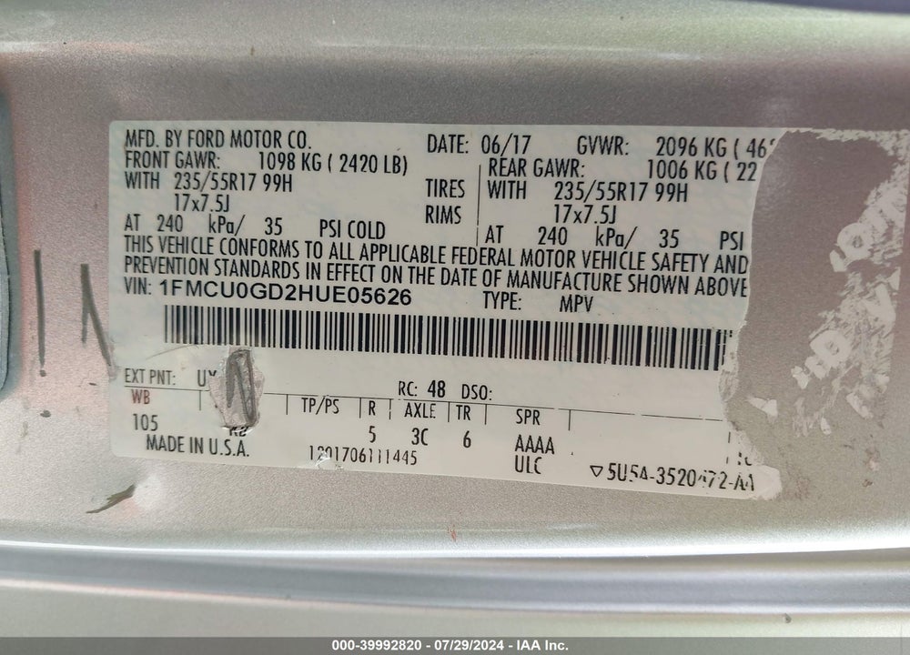 2017 FORD ESCAPE SE VIN: 1FMCU0GD2HUE05626