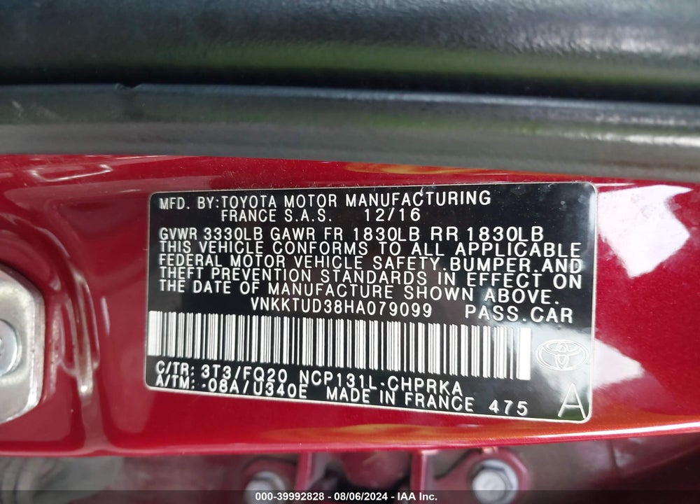 2017 TOYOTA YARIS L VIN: VNKKTUD38HA079099
