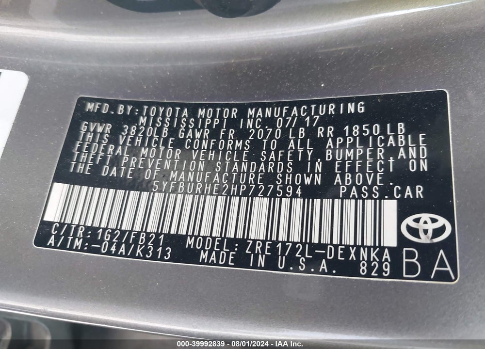 2017 TOYOTA COROLLA LE VIN: 5YFBURHE2HP727594