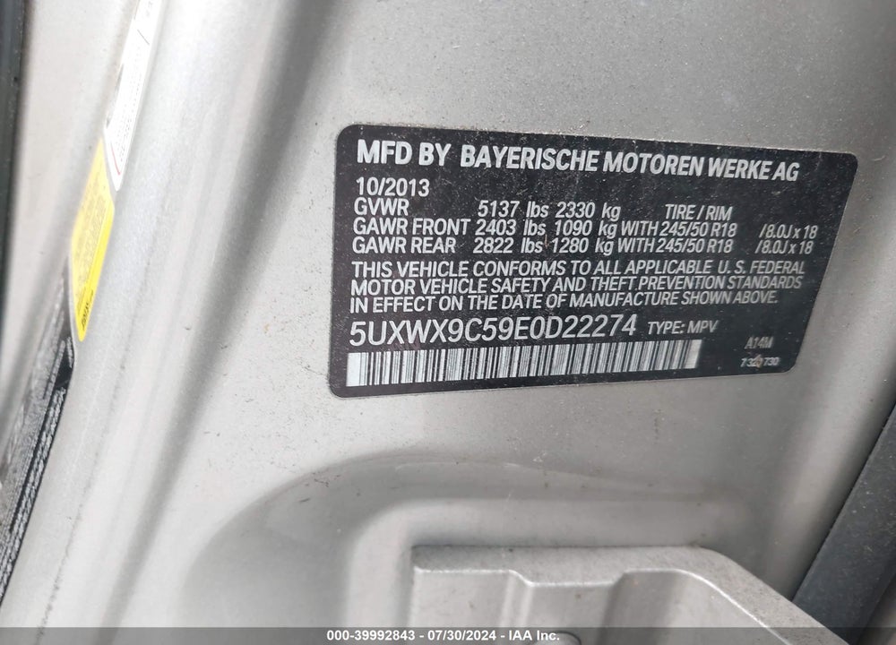 2014 BMW X3 XDRIVE28I VIN: 5UXWX9C59E0D22274