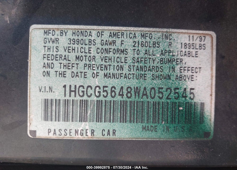 1998 HONDA ACCORD VIN: 1HGCG5648WA052545