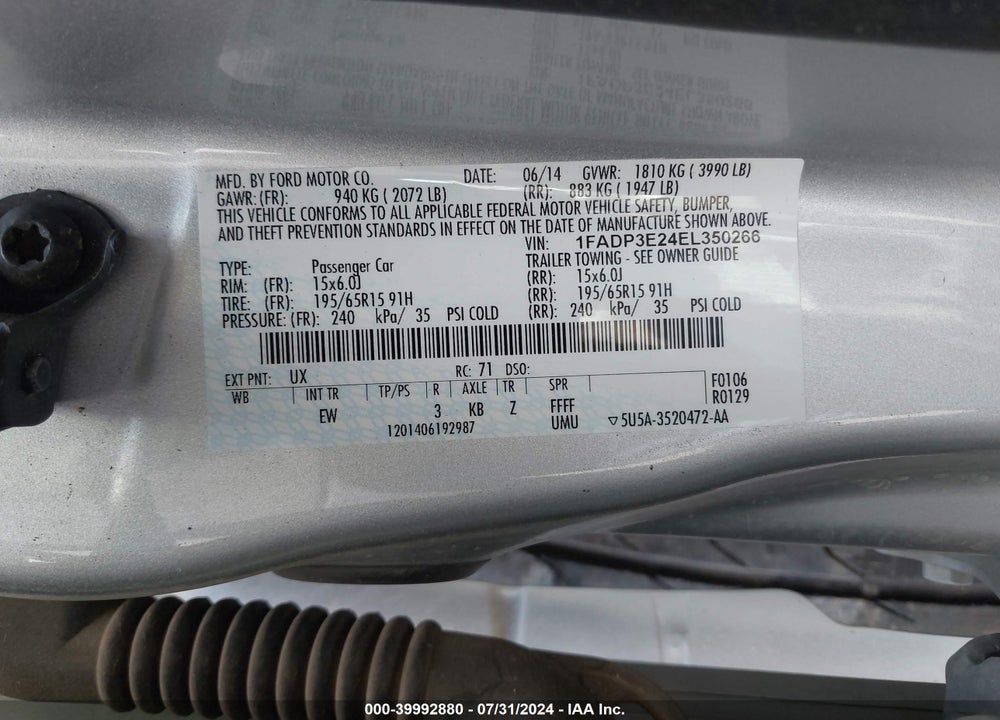 2014 FORD FOCUS S VIN: 1FADP3E24EL350266