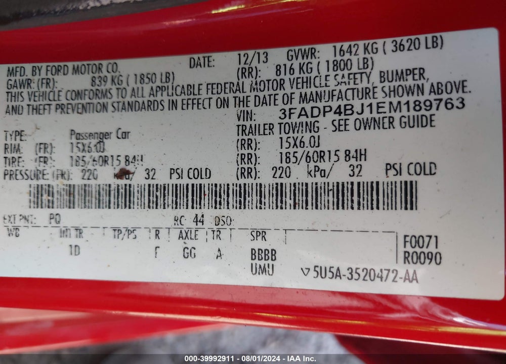 2014 FORD FIESTA SE VIN: 3FADP4BJ1EM189763