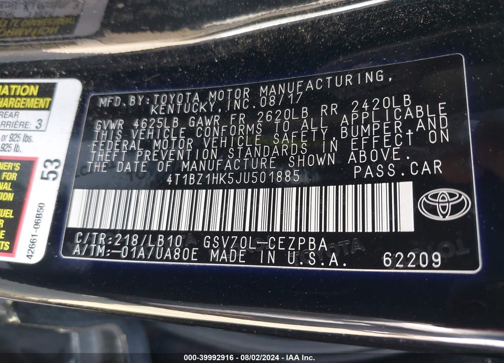 2018 TOYOTA CAMRY XSE V6 VIN: 4T1BZ1HK5JU501885