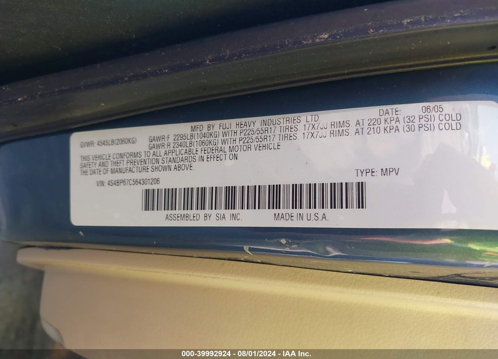 2006 SUBARU OUTBACK 2.5XT/2.5XT LIMITED VIN: 4S4BP67C564301206