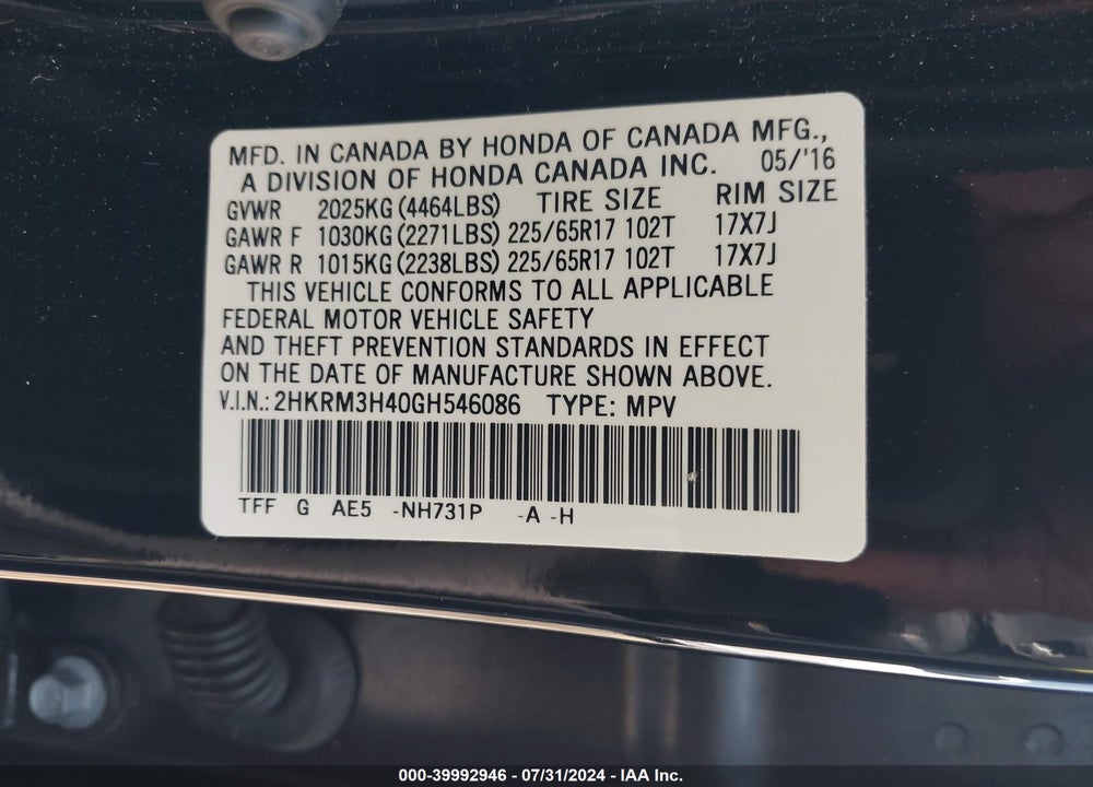 2016 HONDA CR-V SE VIN: 2HKRM3H40GH546086