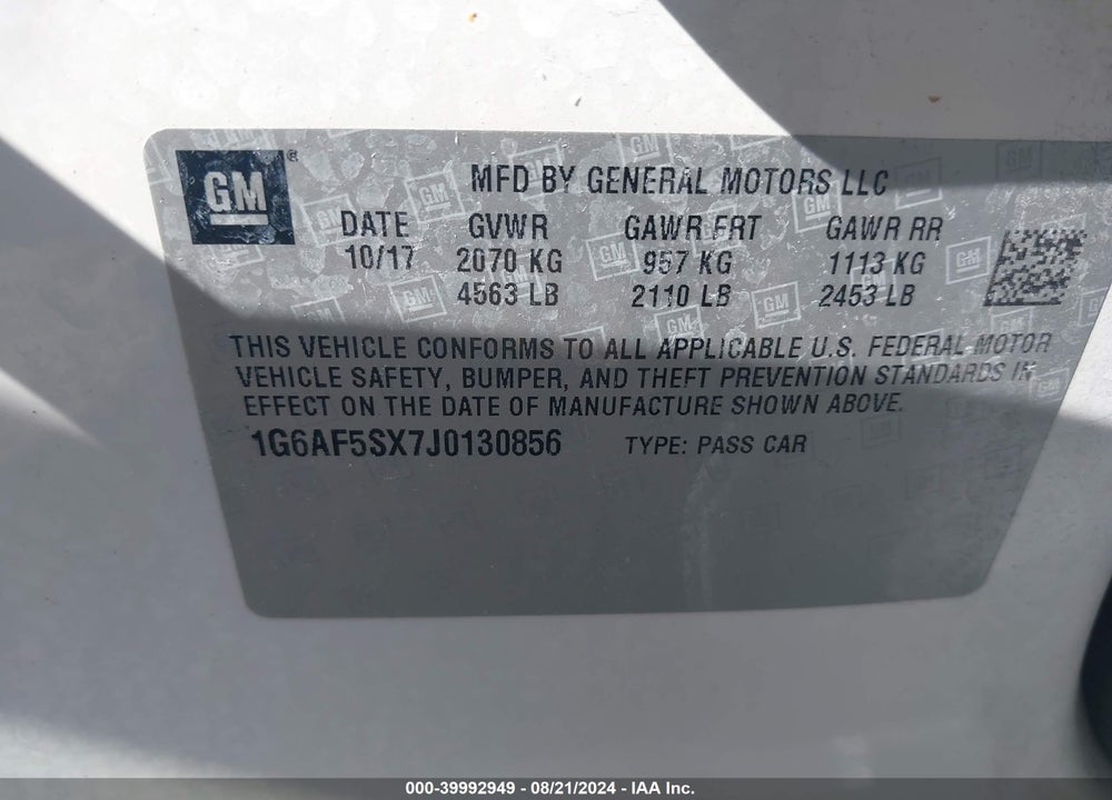 2018 CADILLAC ATS LUXURY VIN: 1G6AF5SX7J0130856