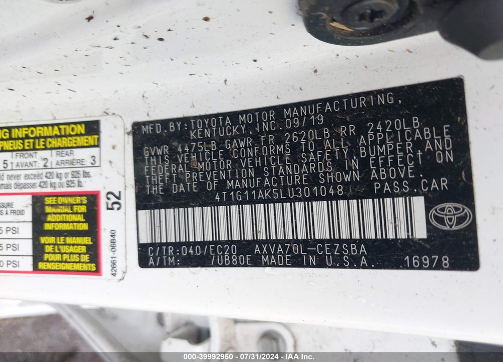 2020 TOYOTA CAMRY VIN: 4T1G11AK5LU301048