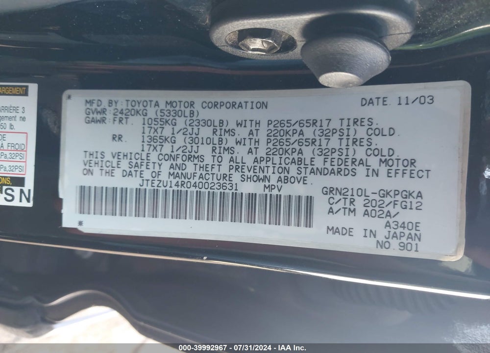 2004 TOYOTA 4RUNNER SR5 V6 VIN: JTEZU14R040023631