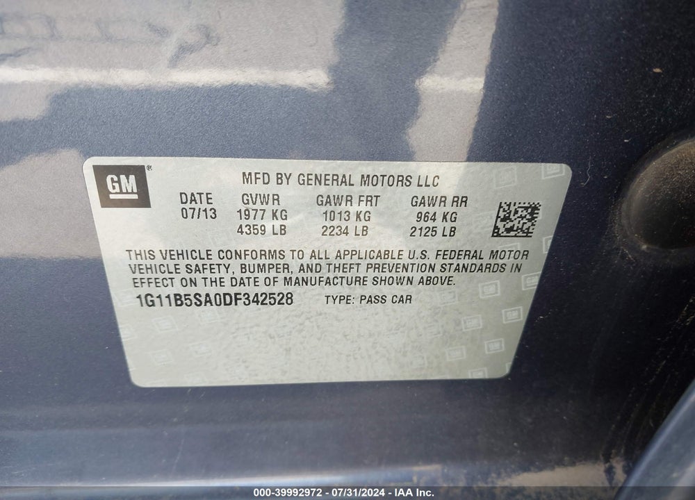 2013 CHEVROLET MALIBU 1LS VIN: 1G11B5SA0DF342528