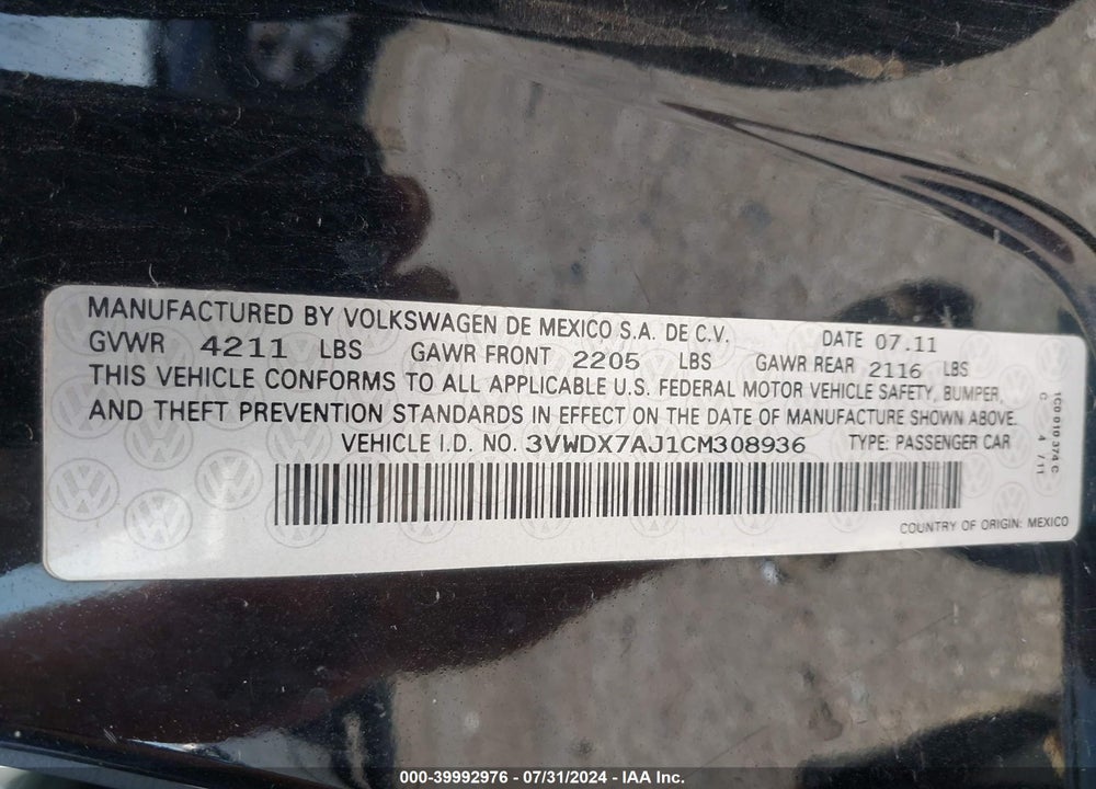 2012 VOLKSWAGEN JETTA 2.5L SE VIN: 3VWDX7AJ1CM308936