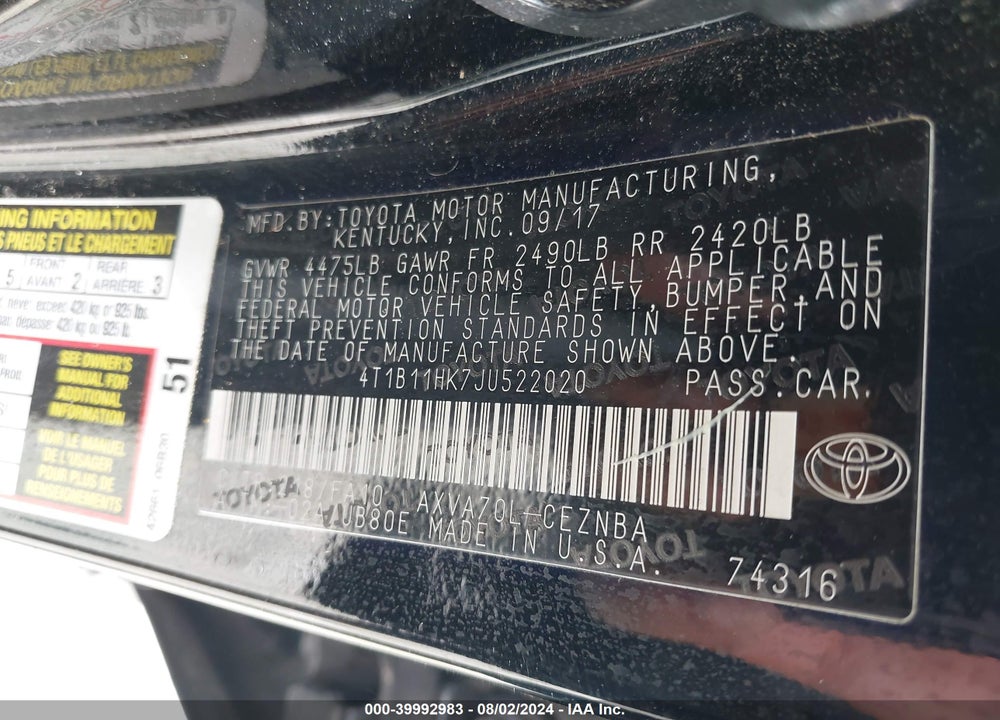 2018 TOYOTA CAMRY LE VIN: 4T1B11HK7JU522020