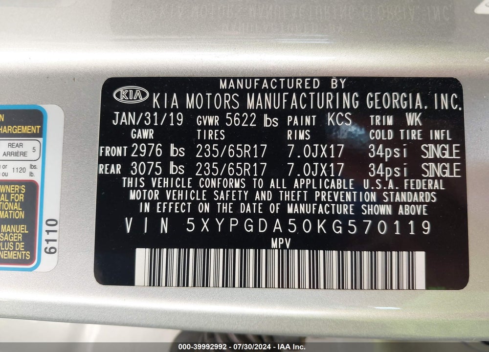 2019 KIA SORENTO 3.3L LX VIN: 5XYPGDA50KG570119