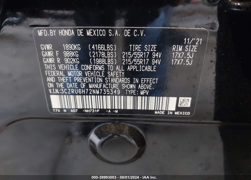 2022 HONDA HR-V AWD EX-L VIN: 3CZRU6H72NM735349