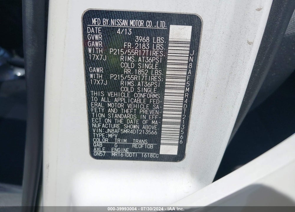 2013 NISSAN JUKE SV VIN: JN8AF5MR4DT213566