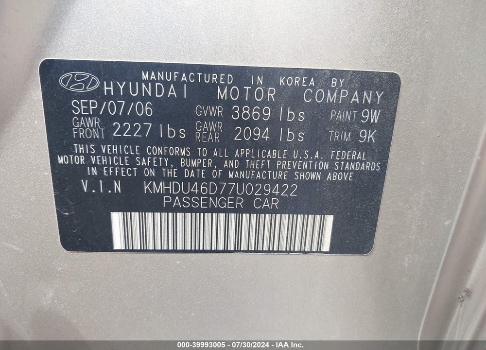 2007 HYUNDAI ELANTRA GLS/LIMITED/SE VIN: KMHDU46D77U029422