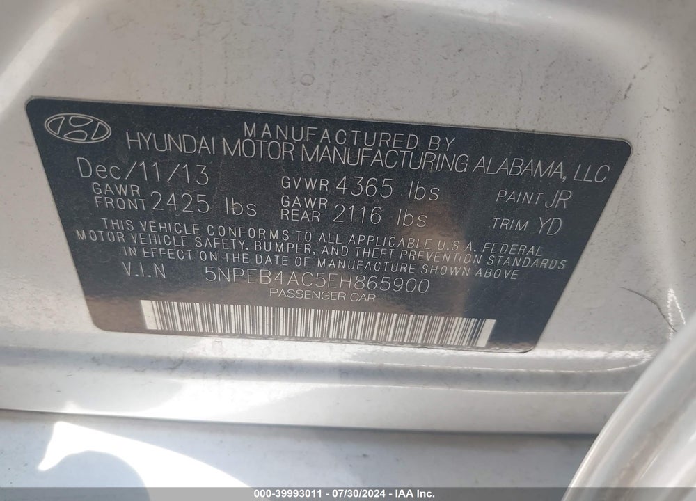 2014 HYUNDAI SONATA GLS VIN: 5NPEB4AC5EH865900